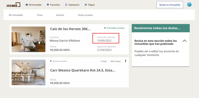 Mi inmueble - ¿Dónde encuentro la fecha de inicio de mi contrato? | Homie